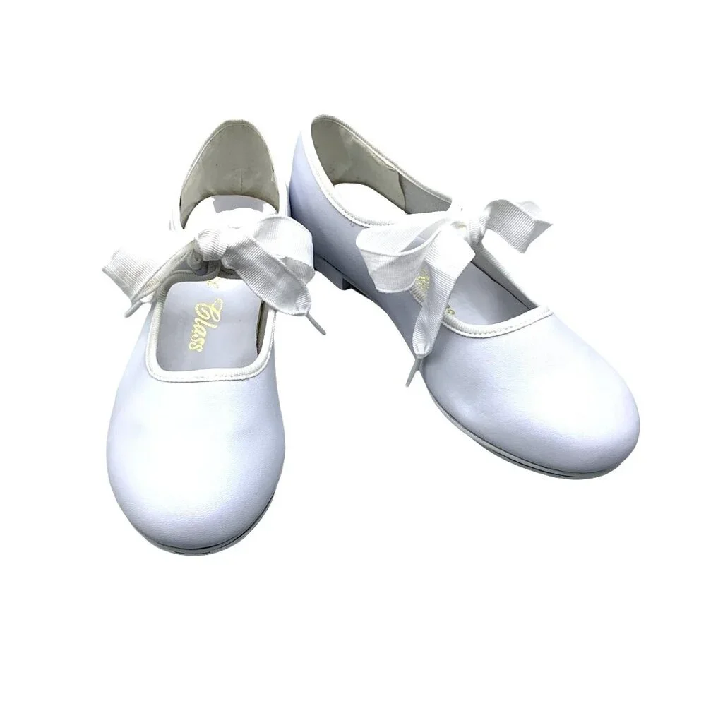 Girls Tie Bow White Tap Shoes Tyette Dance Class Stage Recital Leather New Show